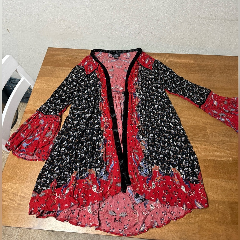 Angie Kimono Cardigan Sz M Open Front Velvet Trim Paisley Bohemian Dark Romantic